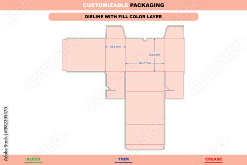 Customizable packaging dieline template with fill color layer, featuring labeled bleed, trim, and crease lines with precise millimeter dimensions