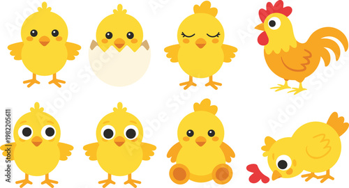 Cute yellow chick collection featuring cartoon characters hatching from egg sleeping pecking food and hen for Easter nursery and children educational vector design.