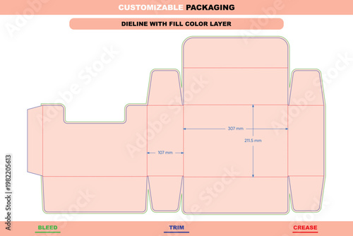 Customizable packaging dieline template with fill color layer, showing bleed, trim, and crease lines with labeled dimensions in millimeters