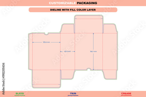 Customizable packaging dieline template with fill color layer, showing bleed, trim, and crease lines with precise millimeter measurements