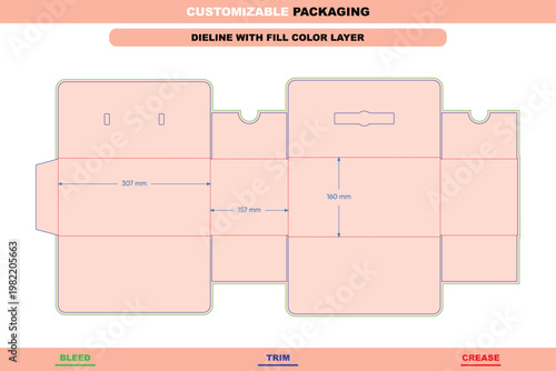Customizable packaging dieline template with fill color layer, showing bleed, trim, and crease lines with specific dimensions in millimeters for retail boxes