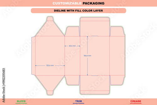 Customizable tuck end box dieline template with bleed, trim, and crease lines, featuring labeled dimensions in millimeters on a light peach background