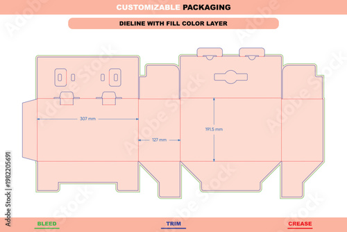 Customizable tuck end box dieline template with fill color layer, showing bleed, trim, and crease lines with 307mm, 127mm, and 191.5mm dimensions