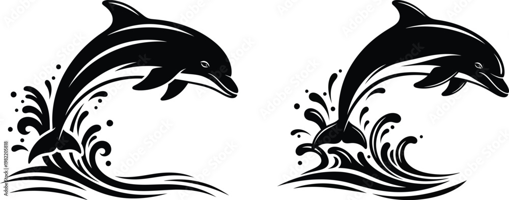 Fototapeta premium Two black dolphins jumping out of waves with splashes marine life illustration