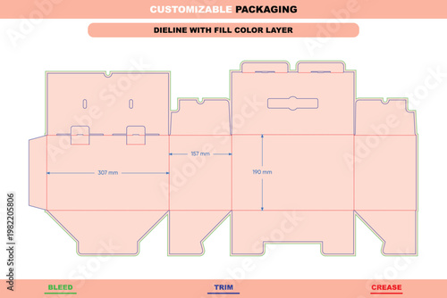 Flat dieline template for a carrying case box with snap lock bottom, featuring structural fold lines, trim edges, and dimension measurements