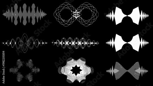 Abstract waveforms and geometric shapes on a black background