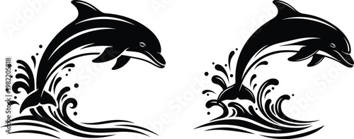 Two black dolphins jumping out of waves with splashes  marine life illustration