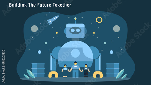 A collaborative illustration featuring a robot children and space elements