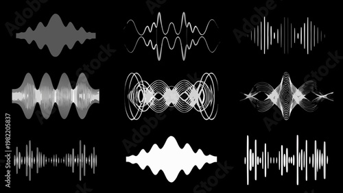 Abstract sound wave visualizations in grayscale against a black background