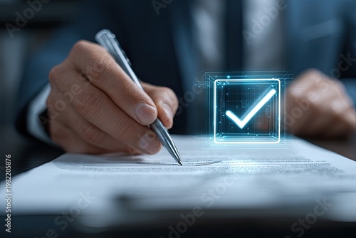A person is signing a document with a pen, overlaid with a digital checkmark.