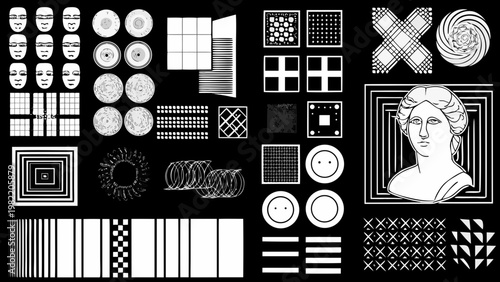 Collage of geometric shapes faces and classical bust in black and white