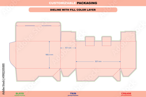 Flat dieline template for a tuck end box with double safety buckles, featuring labeled dimensions, bleed, trim, and crease lines in format
