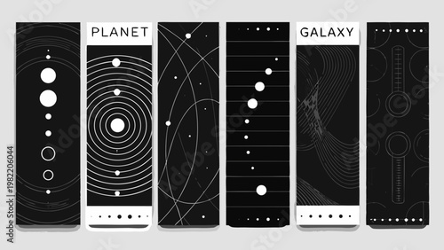 Abstract space themed bookmarks with planets galaxies and orbital patterns