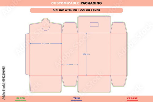 Flat dieline template for a tuck end box with labeled bleed, trim, and crease lines, featuring measurement annotations and a soft pink fill