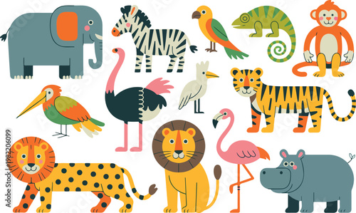 Cute jungle and safari animals set elephant giraffe tiger lion zebra monkey parrot crocodile flat children style vector illustration