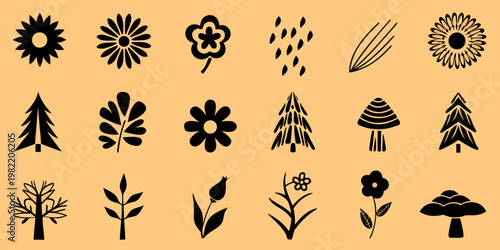 Collection of minimalist black botanical illustrations on a pale background