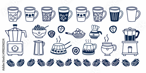 Collection of hand drawn coffee and tea related items in blue lines