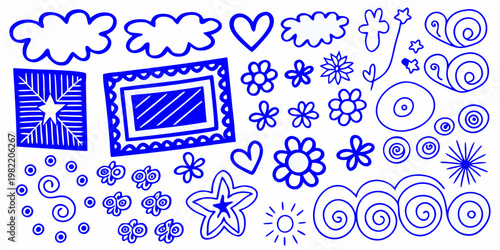Collection of hand drawn blue doodles including flowers hearts and geometric shapes