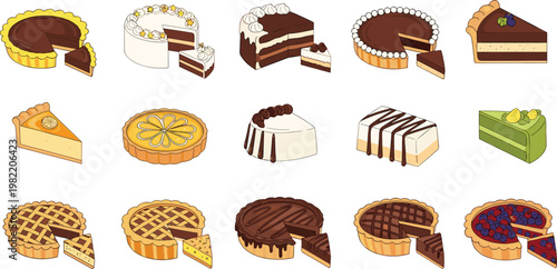 Assorted Cake and Pie Slice Collection with Chocolate Lemon Cream and Fruit Desserts Bakery Food Illustration Set for Cafe Menu Design