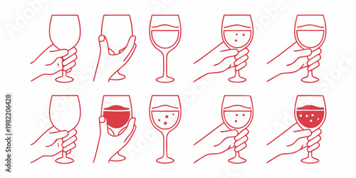 A collection of red line art illustrations depicting hands holding champagne flutes