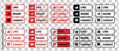 Collection of modern social media like share and comment button icons in red and black colors for video content creators.