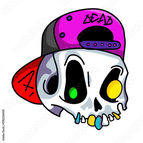 Cartoon graffiti skull wearing a stylish snapback hat, colorful vector illustration