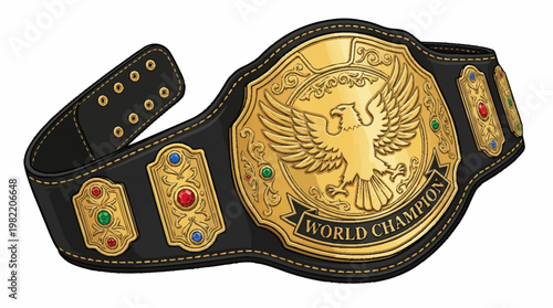 A detailed illustration of a championship wrestling belt with a golden eagle emblem and colorful jewels.