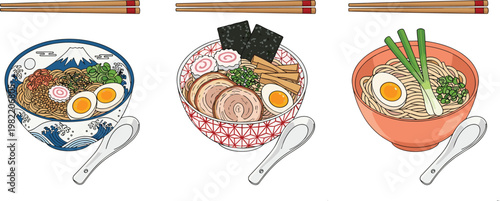 Ramen Bowl Collection with Chopsticks and Toppings Japanese Noodle Soup Variations Asian Cuisine Food Illustration Set for Restaurant Menu Design