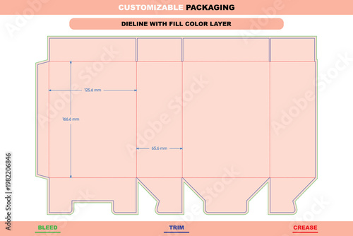 Flat dieline template for rectangular folding box with bleed, trim, and crease lines, featuring labeled dimensions in millimeters on a peach background