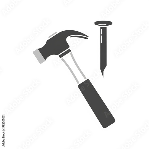A metal claw hammer and steel nails isolated on a white background represent essential carpentry equipment for construction, repair, and home improvement work tools used to build and construct