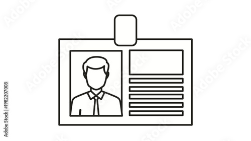 Black line vector icon illustration of a professional identification card or employee ID badge with a person's portrait, name fields, and a clip holder, isolated on a white background.