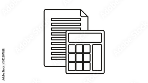 Black Line Vector Icon Illustration of a Document and Calculator Representing Accounting, Financial Planning, Tax Preparation, Business Budgeting, and Data Analysis on a White Background.