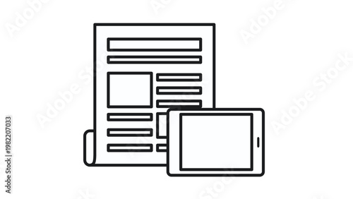 Newspaper and tablet vector icon illustration representing traditional and digital media news consumption, publishing, and information technology in a clean minimalist line art style.