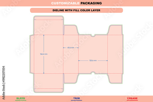 Flat dieline template for rectangular folding box with bleed, trim, and crease lines, including labeled dimensions in millimeters for packaging