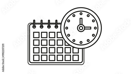 Minimalist black line vector icon illustration of a calendar and analog clock, symbolizing time management, scheduling, planning, appointments, deadlines, and organizational efficiency.
