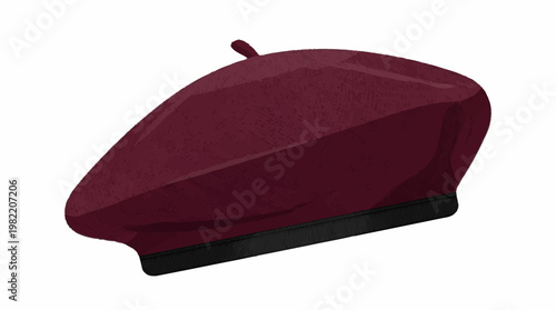 A maroon beret with a black band and a small stem on top, presented against a white background.