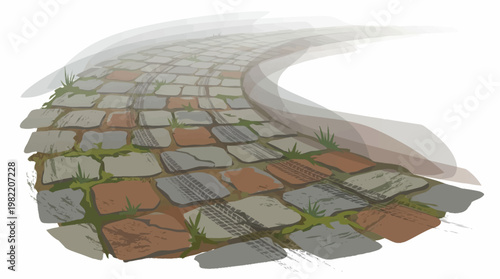 A winding cobblestone path disappearing into a hazy, ethereal mist.