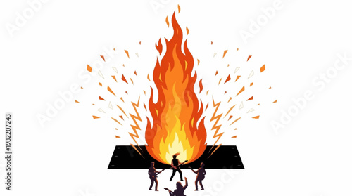 Silhouettes of people gathered around a large bonfire with sparks flying outwards.