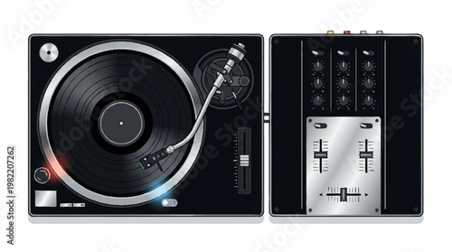 A black turntable and DJ mixer are shown side-by-side against a white background.