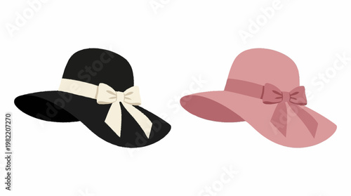 Two elegant wide-brimmed hats, one black and one pink, adorned with bows, suitable for formal occasions or sun protection.