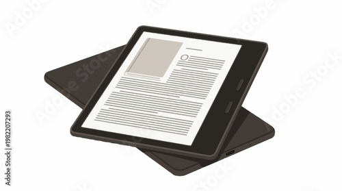 A black e-reader device with a screen displaying a mock webpage, resting on a dark cover.