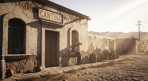 Man wearing a sombrero stands outside a rustic cantina in a sunlit desert town.