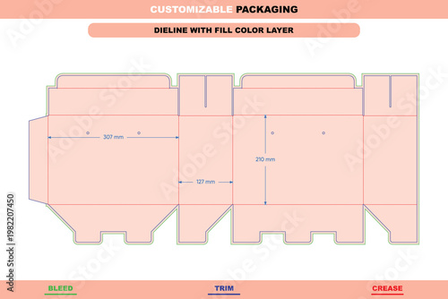 Reverse lock box packaging dieline template with dimensions, featuring green bleed, blue trim, and red crease lines on a light pink background