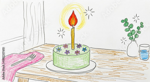 Minimalist Hand Drawn Crayon Illustration of Single Candle on Birthday Cake in Cozy Room Setting