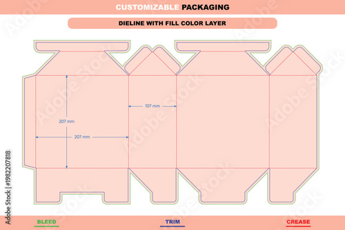 Triangular tuck end box dieline template with fill color, featuring labeled bleed, trim, and crease lines with dimension annotations in millimeters