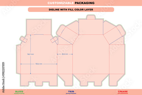 Trapezoid tuck end box dieline template with pink fill, showing bleed, trim, and crease lines with measurement annotations for product packaging