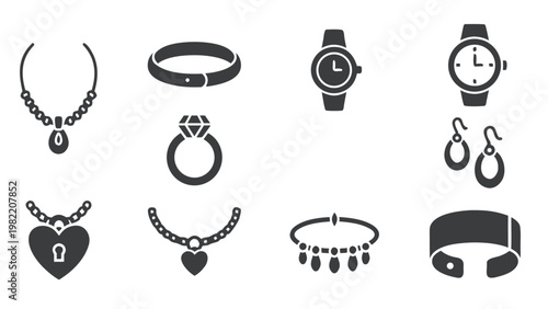 Collection of elegant jewelry icons including necklaces, rings, watches, and bracelets