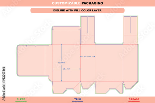 Tuck end box dieline template with auto lock bottom, featuring measurement annotations, bleed, trim, and crease lines in a flat layout