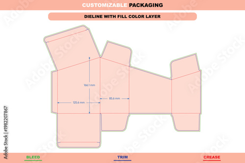 Tuck end box dieline template with bevel edges, featuring labeled bleed, trim, and crease lines with millimeter dimensions for retail packaging