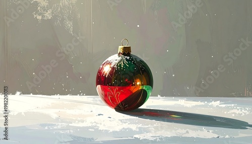 A shiny red Christmas ornament sits on snowy surface with gray background.